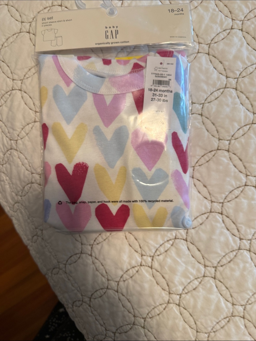 GAP Baby Heart Print Summer Pajama Set in White, Pink, Blue, Yellow, Red
